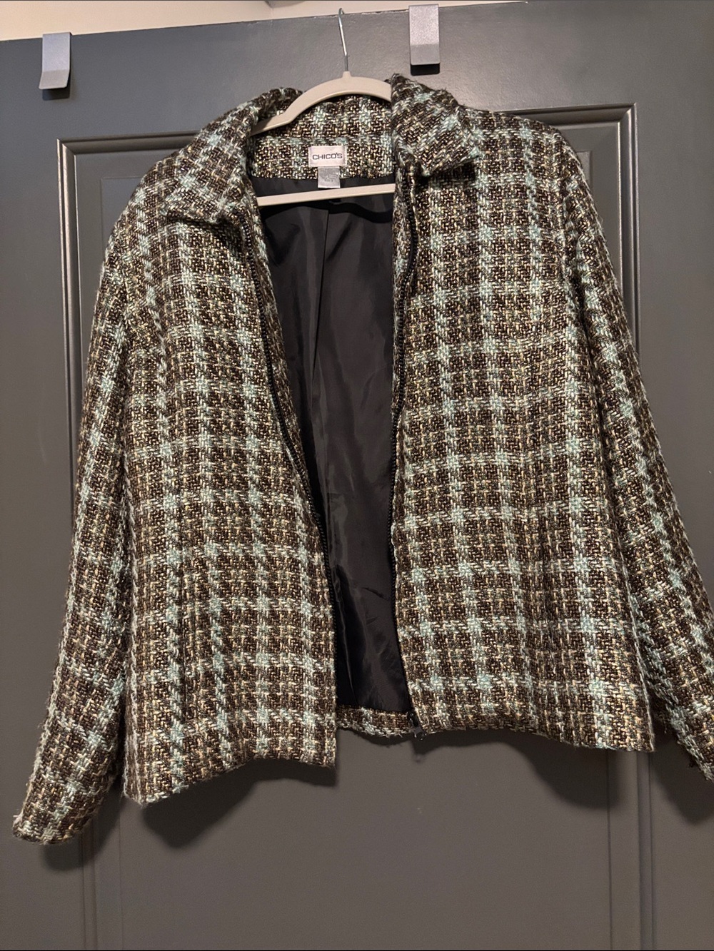 Chico's Brown and Light Blue Plaid Tweed Jacket